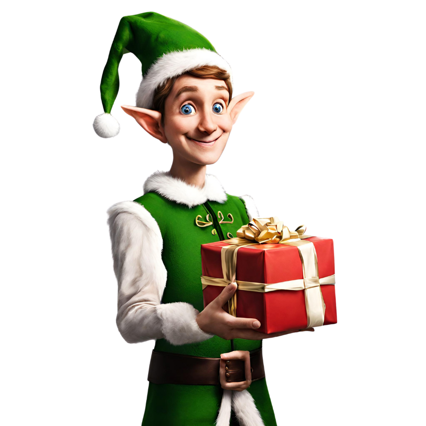 Image of a friendly elf carrying a gift