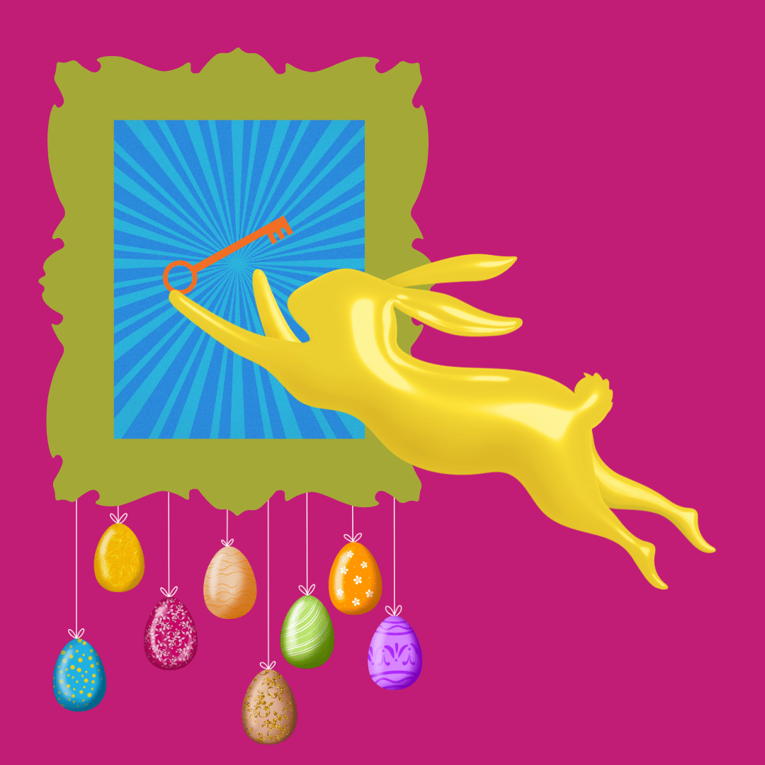 A golden bunny leaps towards a picture frame portal holding a key. Easter eggs hang from under the frame
