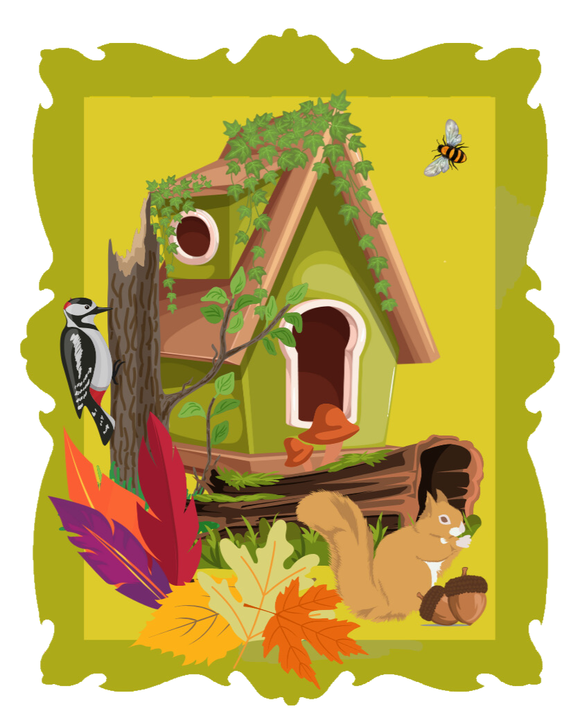 A collage of woodland features including woodpecker, squirrel and bee with a birdhouse.