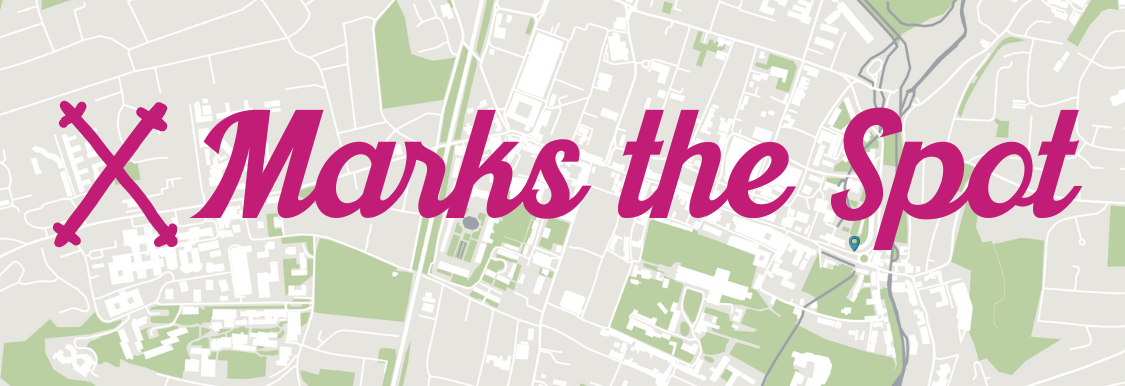 A map of central Winchester with no labels but one pin at the location of ClueCapers and the words 'X Marks the Spot'